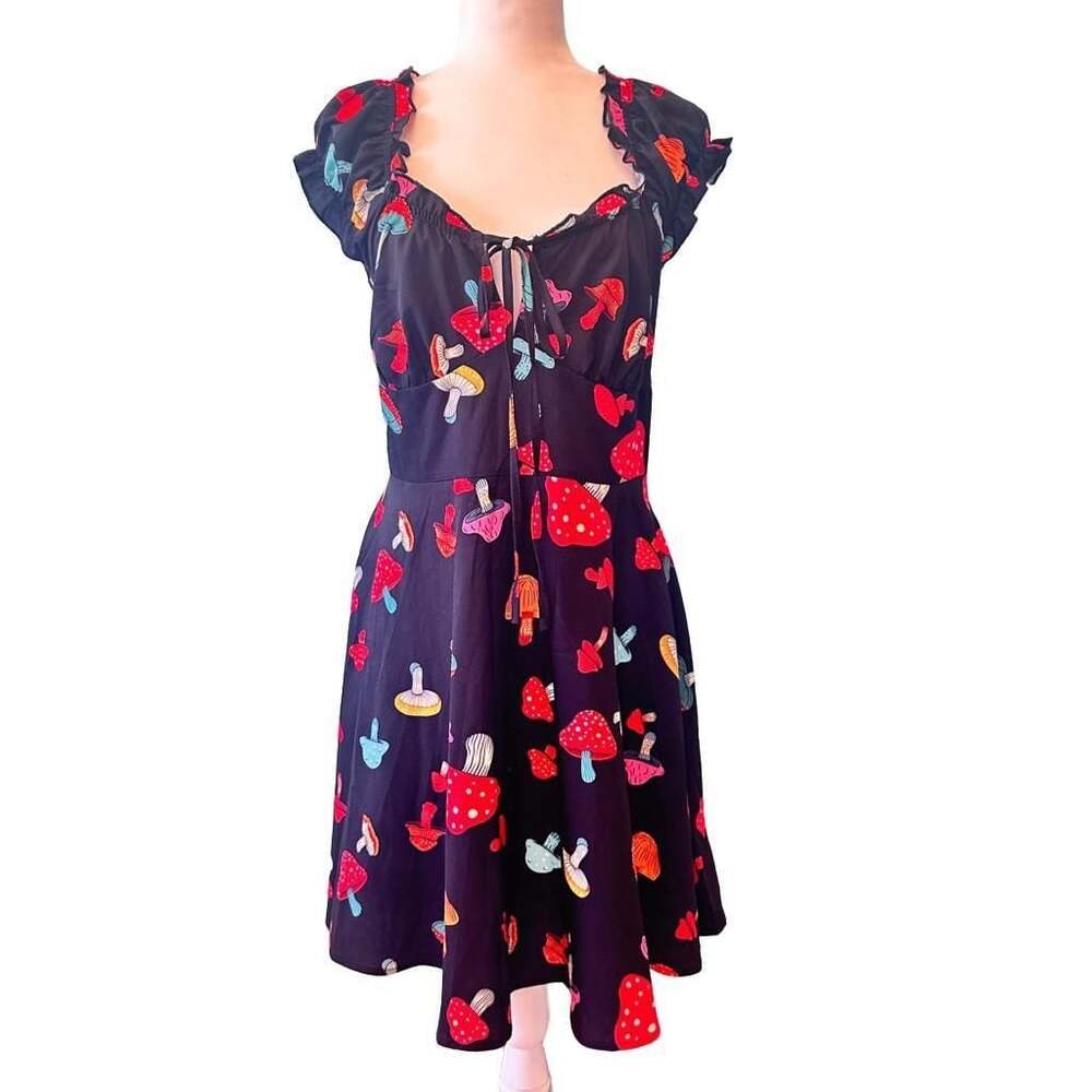Cider Mushroom Print Ruffle Cap Sleeve Black Dress Size 1X